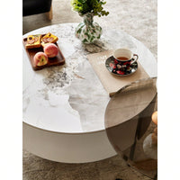 Contemporary Round White Coffee Table with Storage Drawers and Metal Legs for Living Room and Office