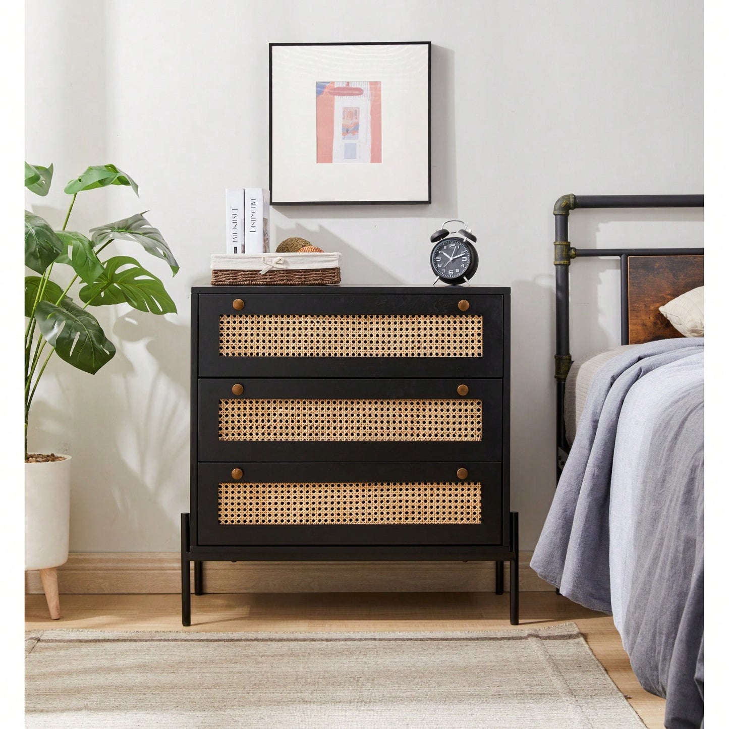 Rattan Storage Cabinet With 3 Large Drawers Boho Mid-Century Nightstand Dresser Sideboard Buffet For Living Room Dining Room Hallway Bedroom