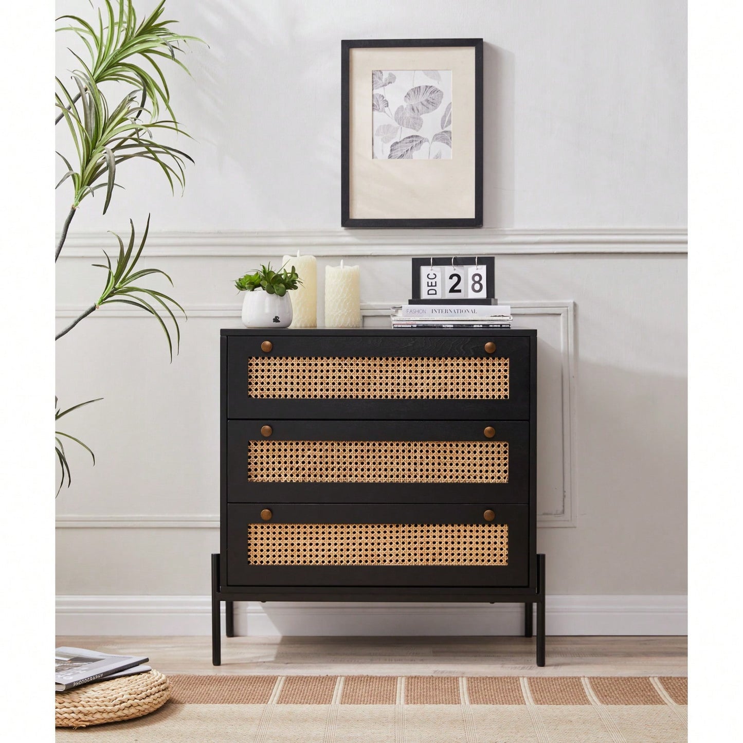 Rattan Storage Cabinet With 3 Large Drawers Boho Mid-Century Nightstand Dresser Sideboard Buffet For Living Room Dining Room Hallway Bedroom