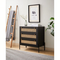 Rattan Storage Cabinet With 3 Large Drawers Boho Mid-Century Nightstand Dresser Sideboard Buffet For Living Room Dining Room Hallway Bedroom