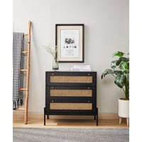 Rattan Storage Cabinet With 3 Large Drawers Boho Mid-Century Nightstand Dresser Sideboard Buffet For Living Room Dining Room Hallway Bedroom