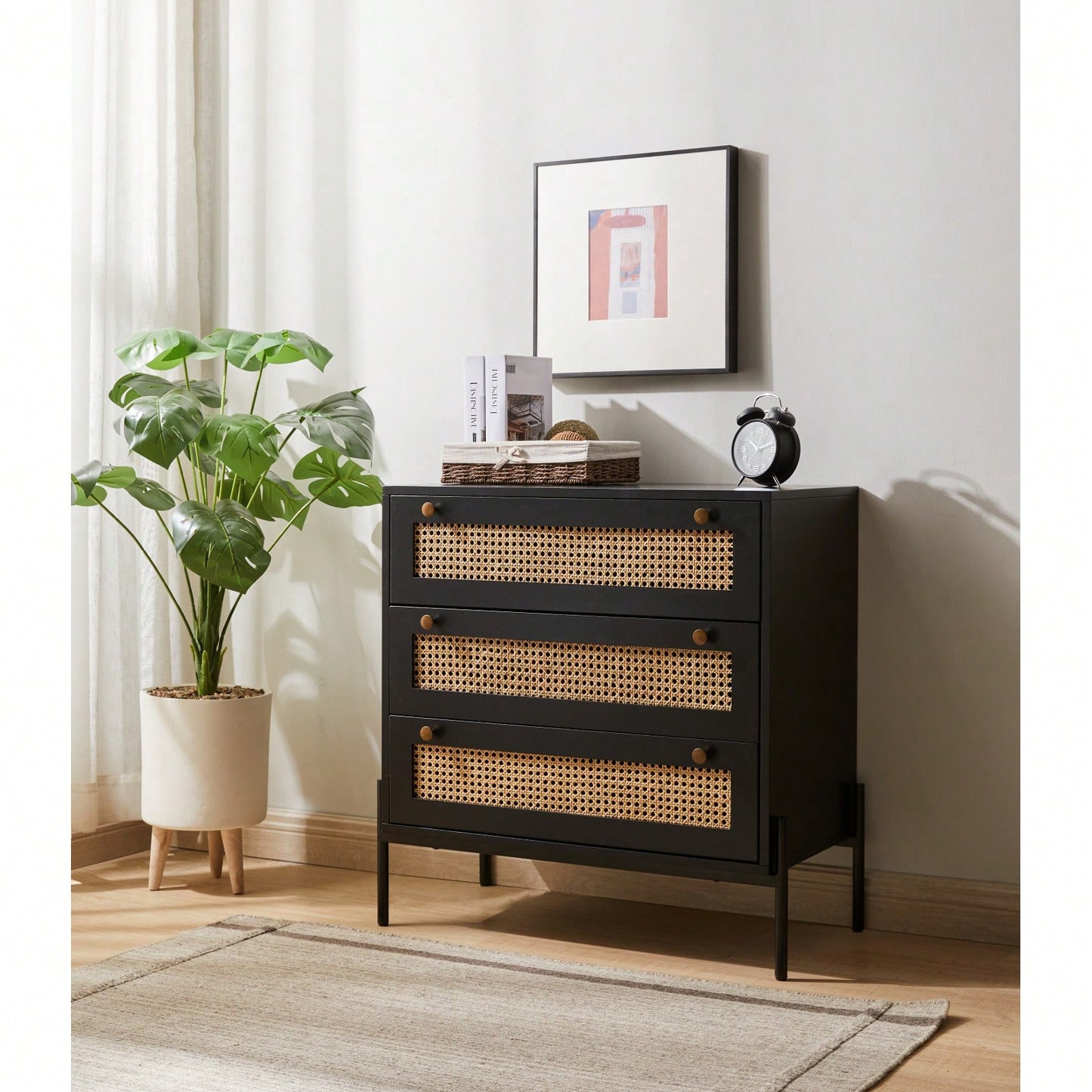 Rattan Storage Cabinet With 3 Large Drawers Boho Mid-Century Nightstand Dresser Sideboard Buffet For Living Room Dining Room Hallway Bedroom