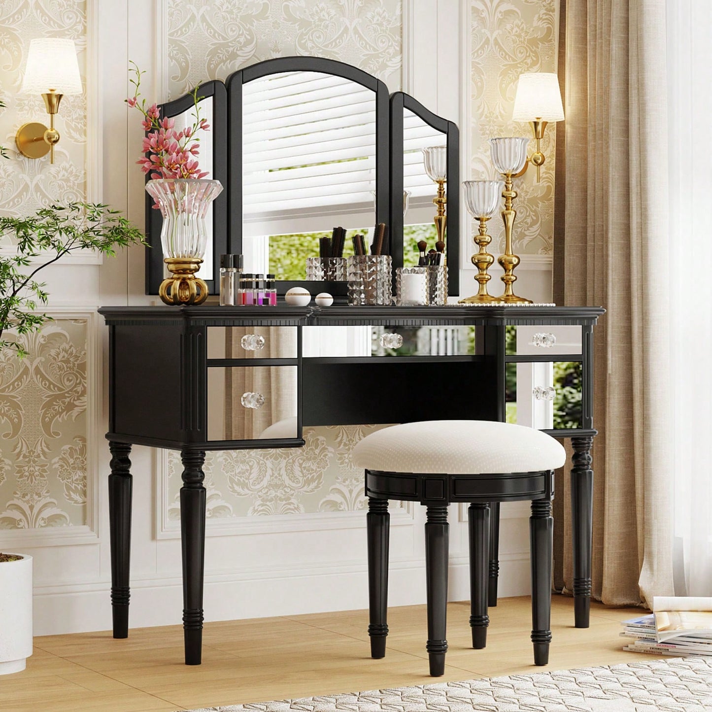 French-Inspired Makeup Vanity Set with Tri-Fold Mirror and Plush Stool for Spacious Bedroom Storage