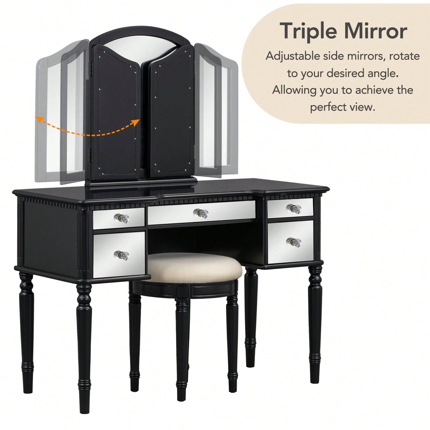 French-Inspired Makeup Vanity Set with Tri-Fold Mirror and Plush Stool for Spacious Bedroom Storage