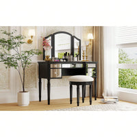 French-Inspired Makeup Vanity Set with Tri-Fold Mirror and Plush Stool for Spacious Bedroom Storage