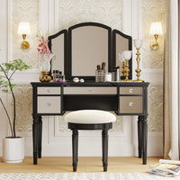 French-Inspired Makeup Vanity Set with Tri-Fold Mirror and Plush Stool for Spacious Bedroom Storage