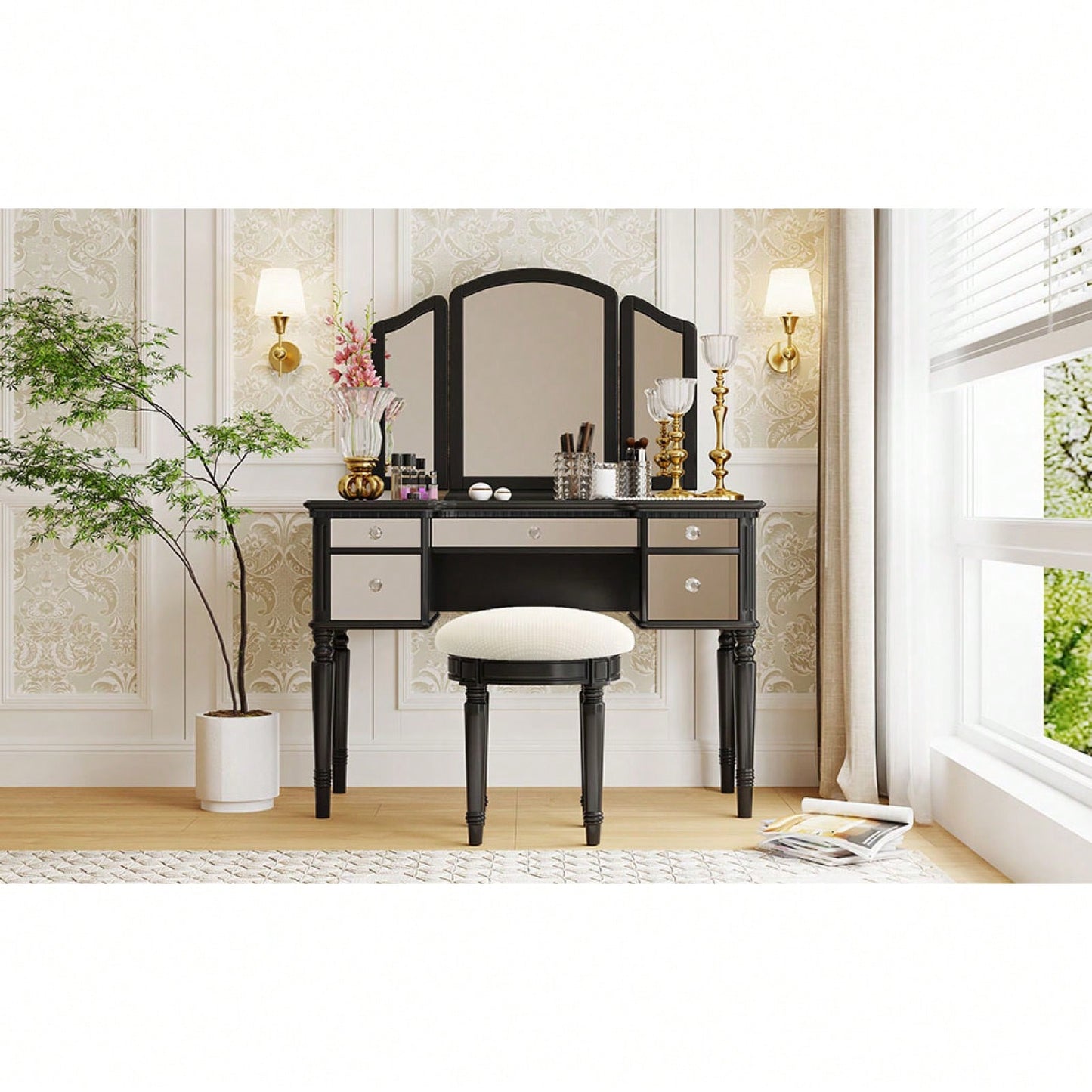 French-Inspired Makeup Vanity Set with Tri-Fold Mirror and Plush Stool for Spacious Bedroom Storage