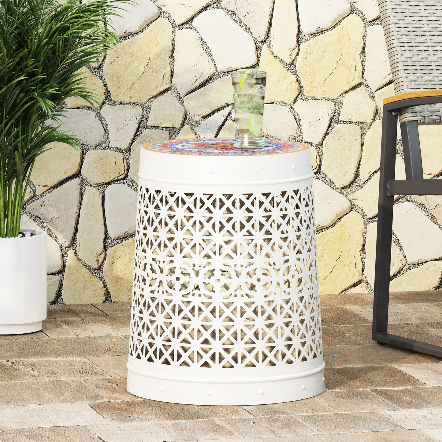 15 Inch Round Outdoor Mosaic Tile Accent Table Weather Resistant Metal Frame No Assembly Garden Balcony Deck