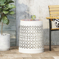 15 Inch Round Outdoor Mosaic Tile Accent Table Weather Resistant Metal Frame No Assembly Garden Balcony Deck