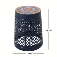 15 Inch Round Outdoor Mosaic Tile Accent Table Weather Resistant Metal Frame No Assembly Garden Balcony Deck