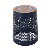 15 Inch Round Outdoor Mosaic Tile Accent Table Weather Resistant Metal Frame No Assembly Garden Balcony Deck