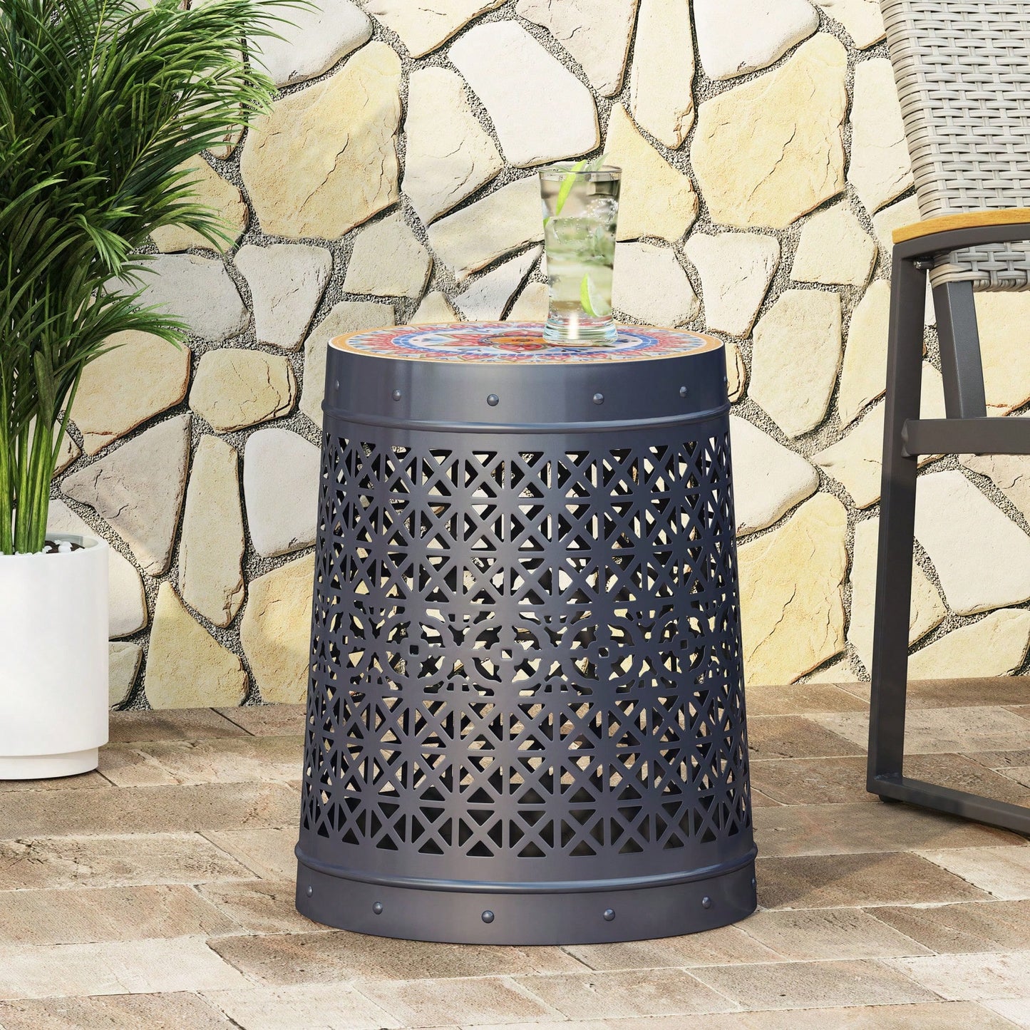 15 Inch Round Outdoor Mosaic Tile Accent Table Weather Resistant Metal Frame No Assembly Garden Balcony Deck