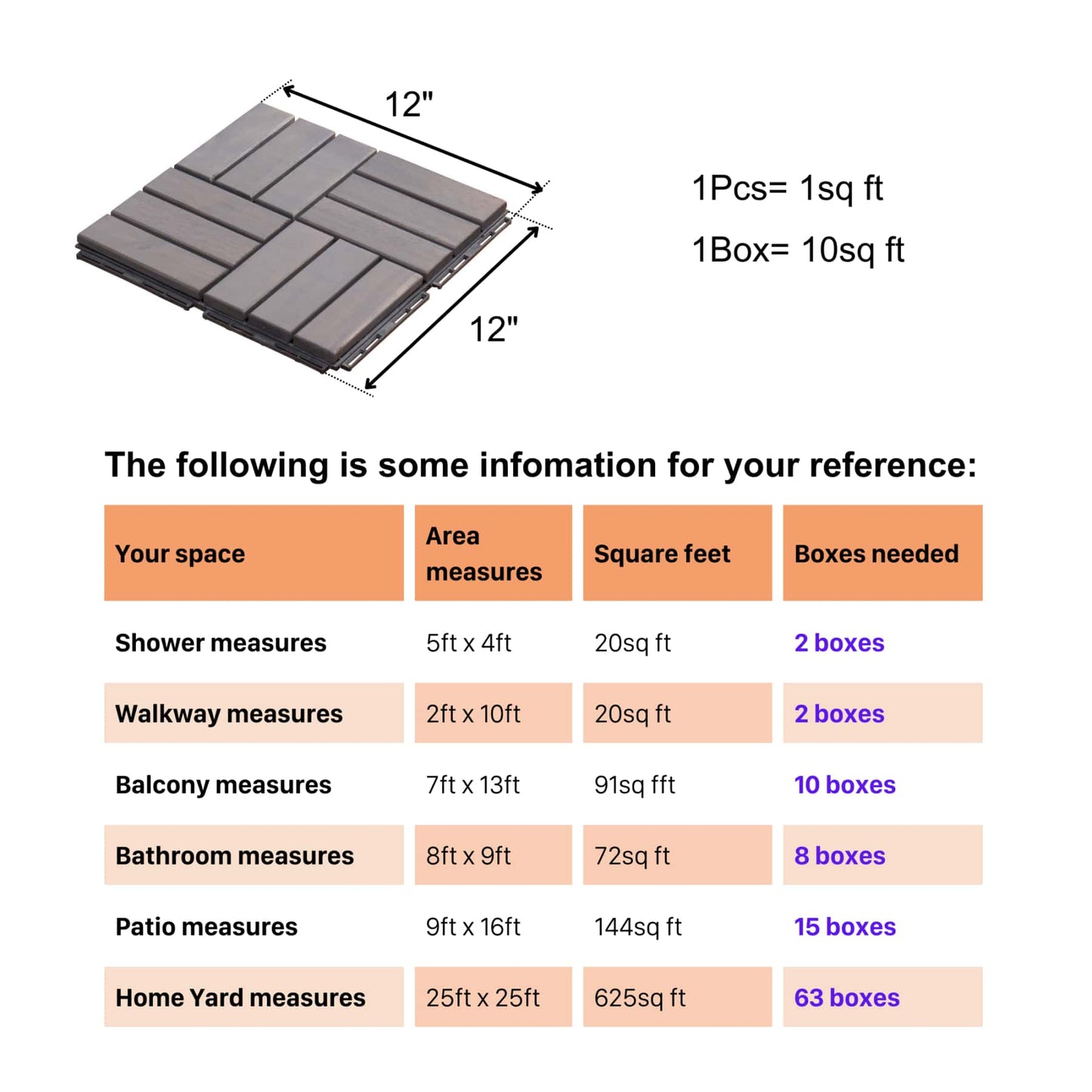 Grey Checkered Acacia Hardwood Interlocking Patio Tiles 12x12 for Balcony Garden Poolside Easy Install 10 Pcs