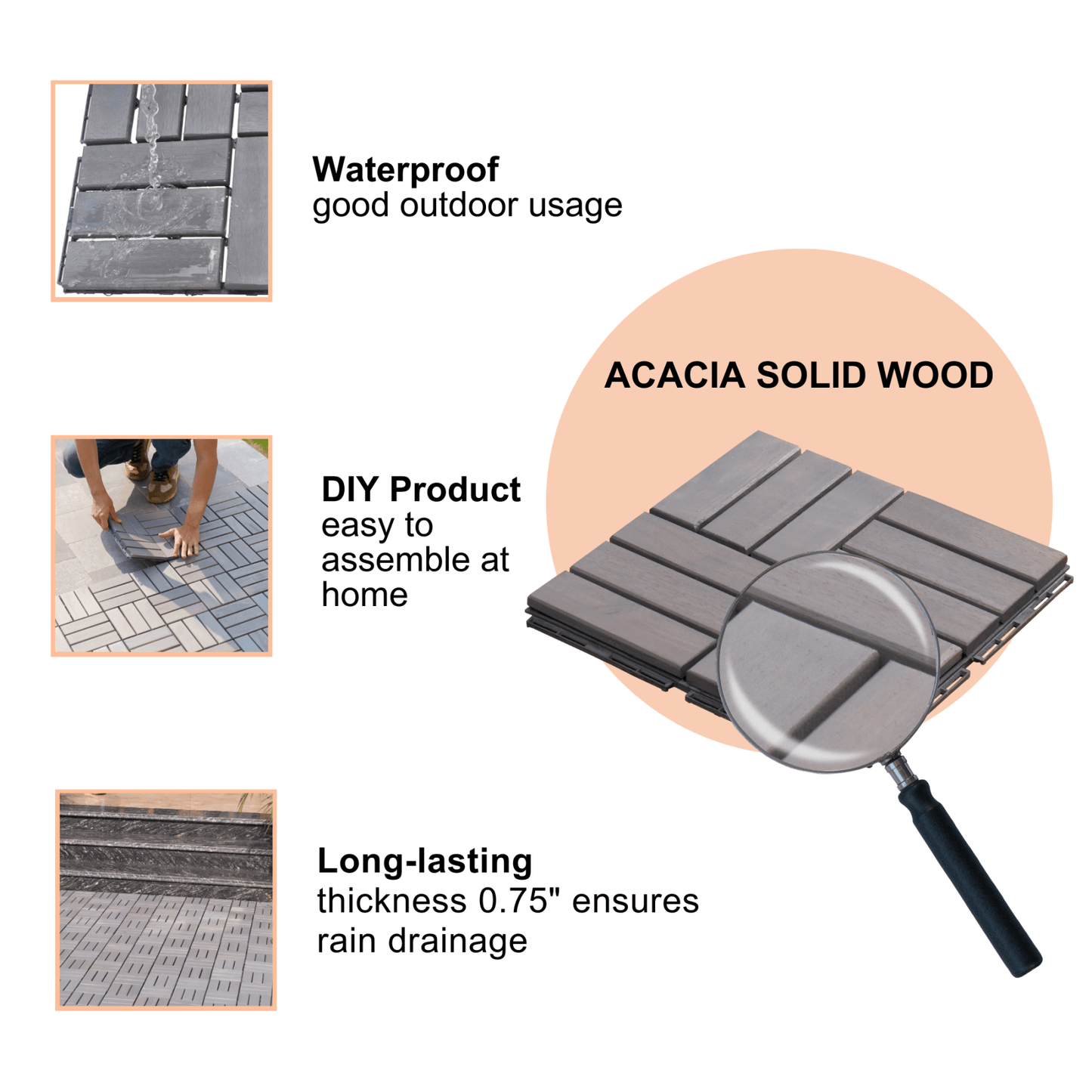 Grey Checkered Acacia Hardwood Interlocking Patio Tiles 12x12 for Balcony Garden Poolside Easy Install 10 Pcs