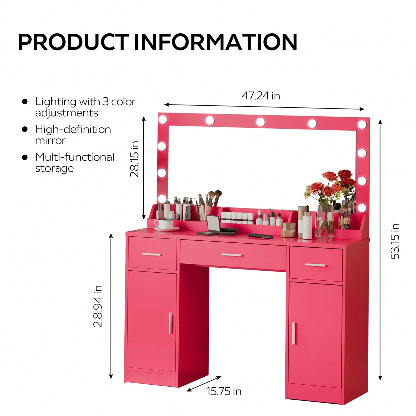 47 Inch Makeup Vanity Desk with Large Mirror 3 Lighting Modes Adjustable Brightness 3 Drawers 2 Cabinets for Women and Girls