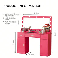 47 Inch Makeup Vanity Desk with Large Mirror 3 Lighting Modes Adjustable Brightness 3 Drawers 2 Cabinets for Women and Girls