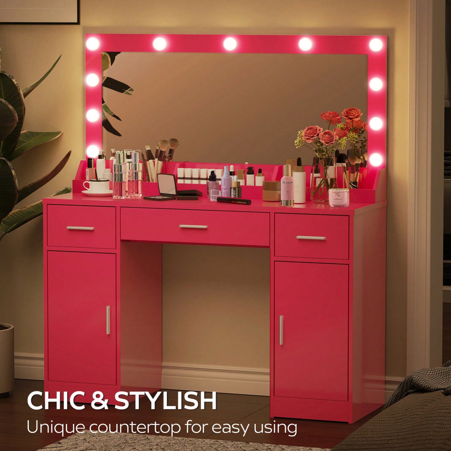 47 Inch Makeup Vanity Desk with Large Mirror 3 Lighting Modes Adjustable Brightness 3 Drawers 2 Cabinets for Women and Girls