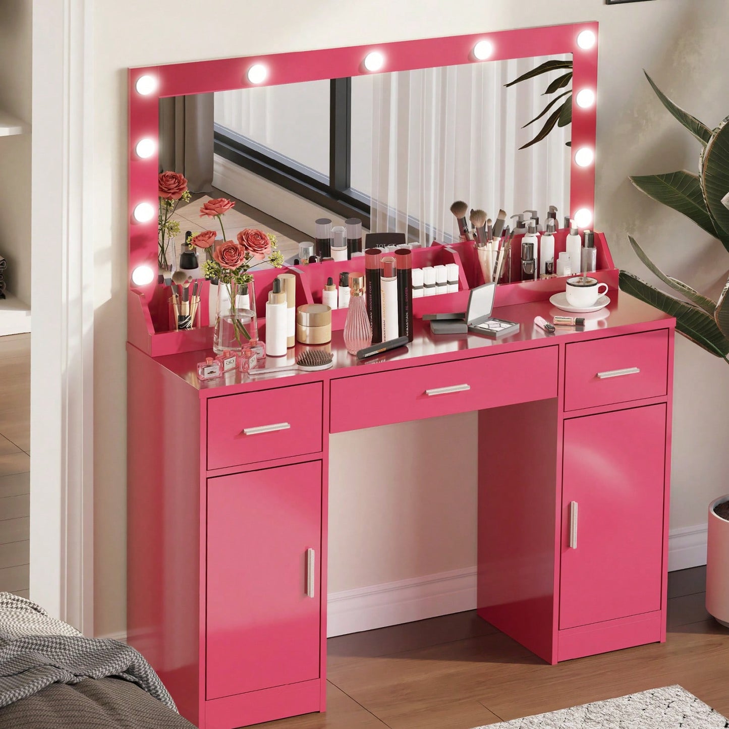 47 Inch Makeup Vanity Desk with Large Mirror 3 Lighting Modes Adjustable Brightness 3 Drawers 2 Cabinets for Women and Girls