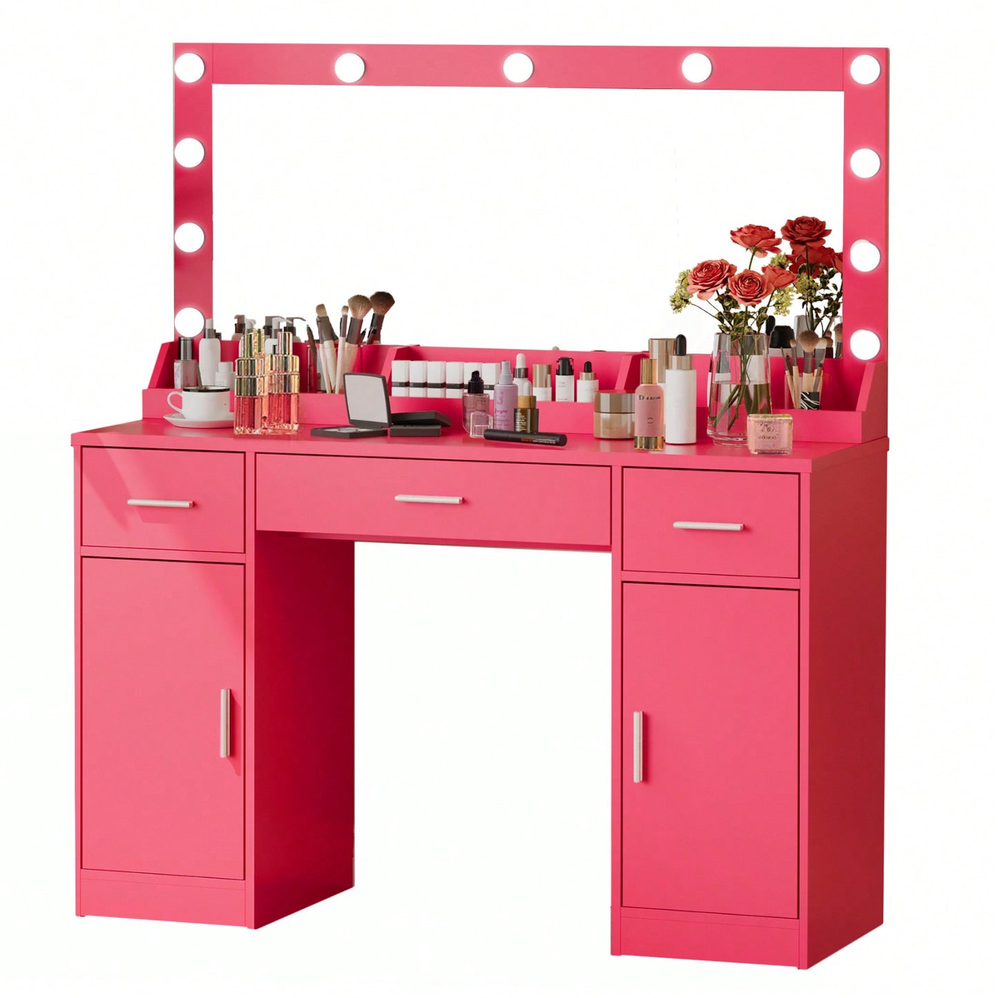 47 Inch Makeup Vanity Desk with Large Mirror 3 Lighting Modes Adjustable Brightness 3 Drawers 2 Cabinets for Women and Girls