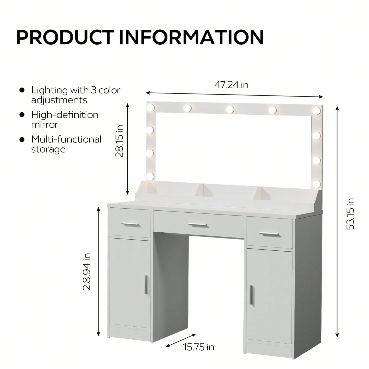 47 Inch Makeup Vanity Desk with Large Mirror 3 Lighting Modes Adjustable Brightness 3 Drawers 2 Cabinets for Women and Girls