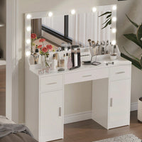 47 Inch Makeup Vanity Desk with Large Mirror 3 Lighting Modes Adjustable Brightness 3 Drawers 2 Cabinets for Women and Girls