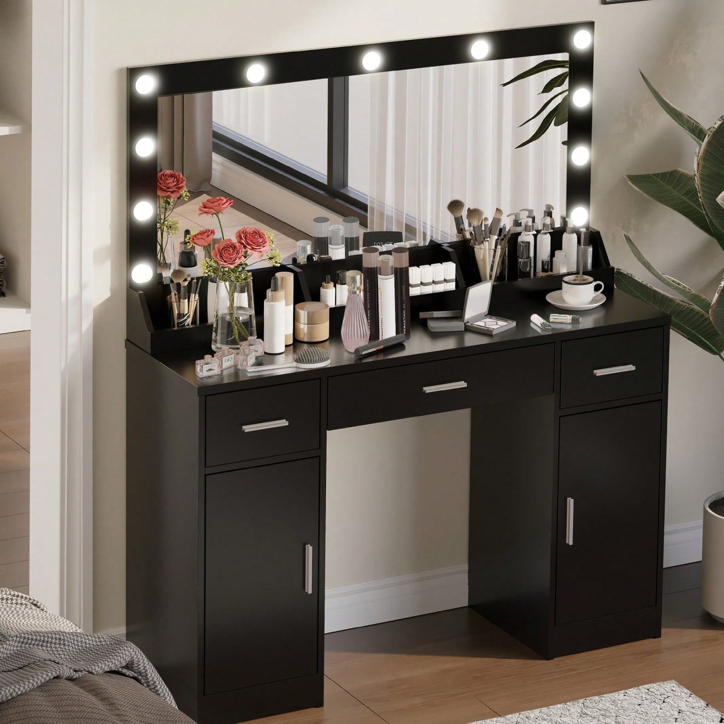 47 Inch Makeup Vanity Desk with Large Mirror 3 Lighting Modes Adjustable Brightness 3 Drawers 2 Cabinets for Women and Girls