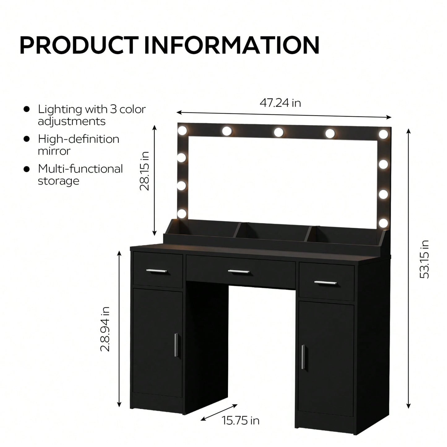 47 Inch Makeup Vanity Desk with Large Mirror 3 Lighting Modes Adjustable Brightness 3 Drawers 2 Cabinets for Women and Girls