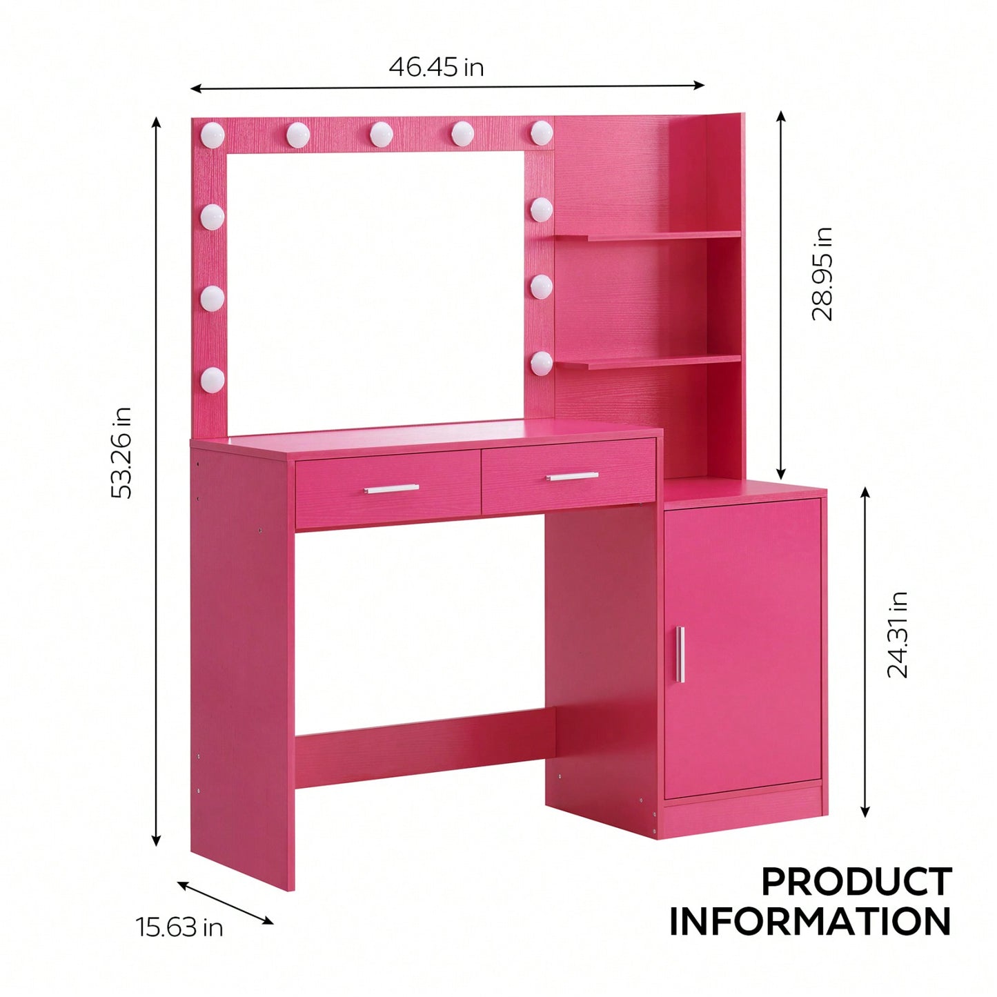 Elegant Vanity Desk with Mirror and LED Lights 46.4IN Dressing Table with 2 Drawers and Vertical Organizer Adjustable Brightness