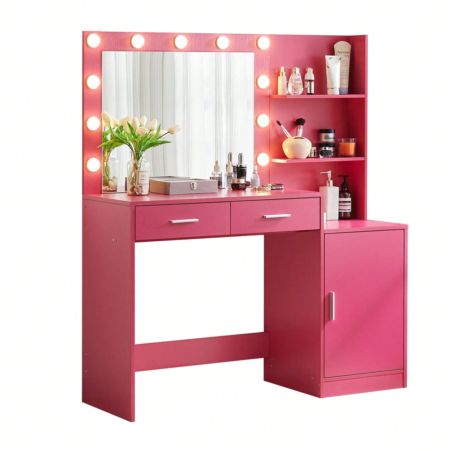 Elegant Vanity Desk with Mirror and LED Lights 46.4IN Dressing Table with 2 Drawers and Vertical Organizer Adjustable Brightness