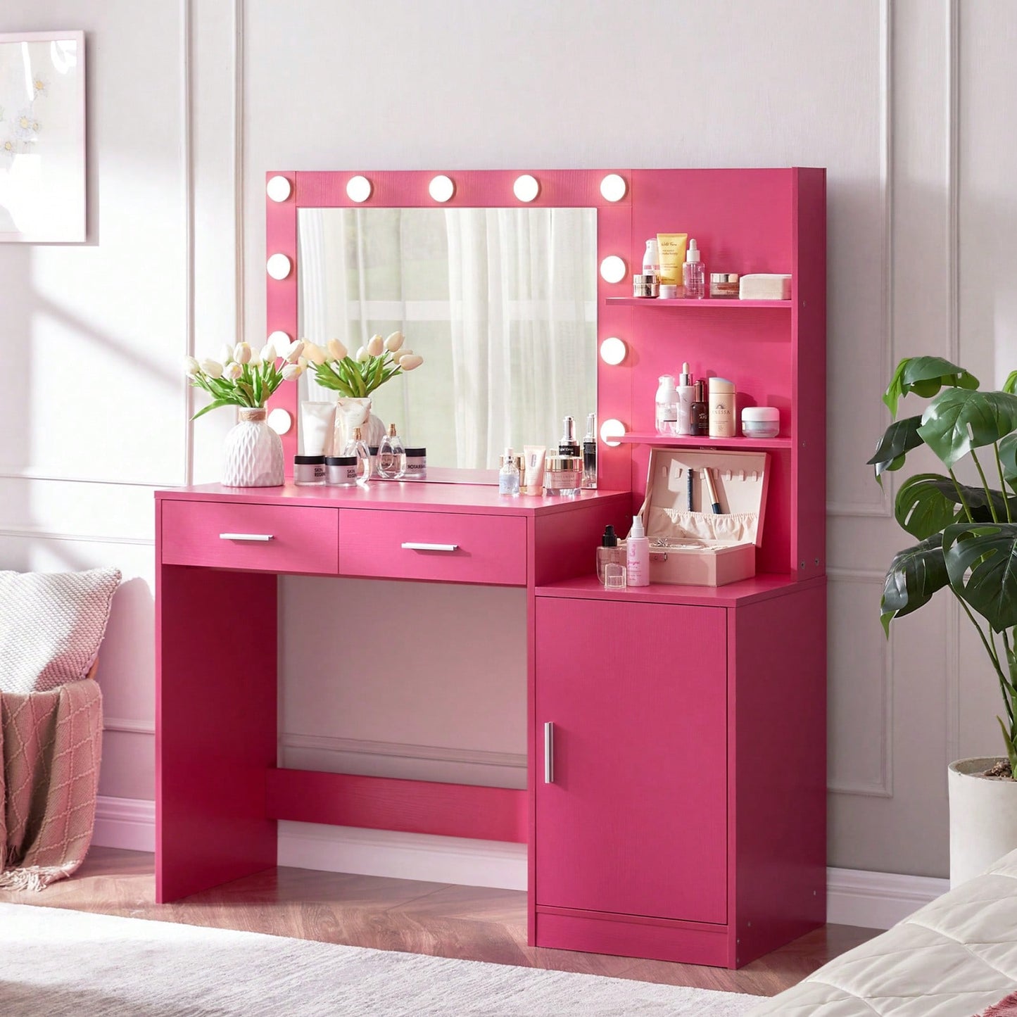 Elegant Vanity Desk with Mirror and LED Lights 46.4IN Dressing Table with 2 Drawers and Vertical Organizer Adjustable Brightness