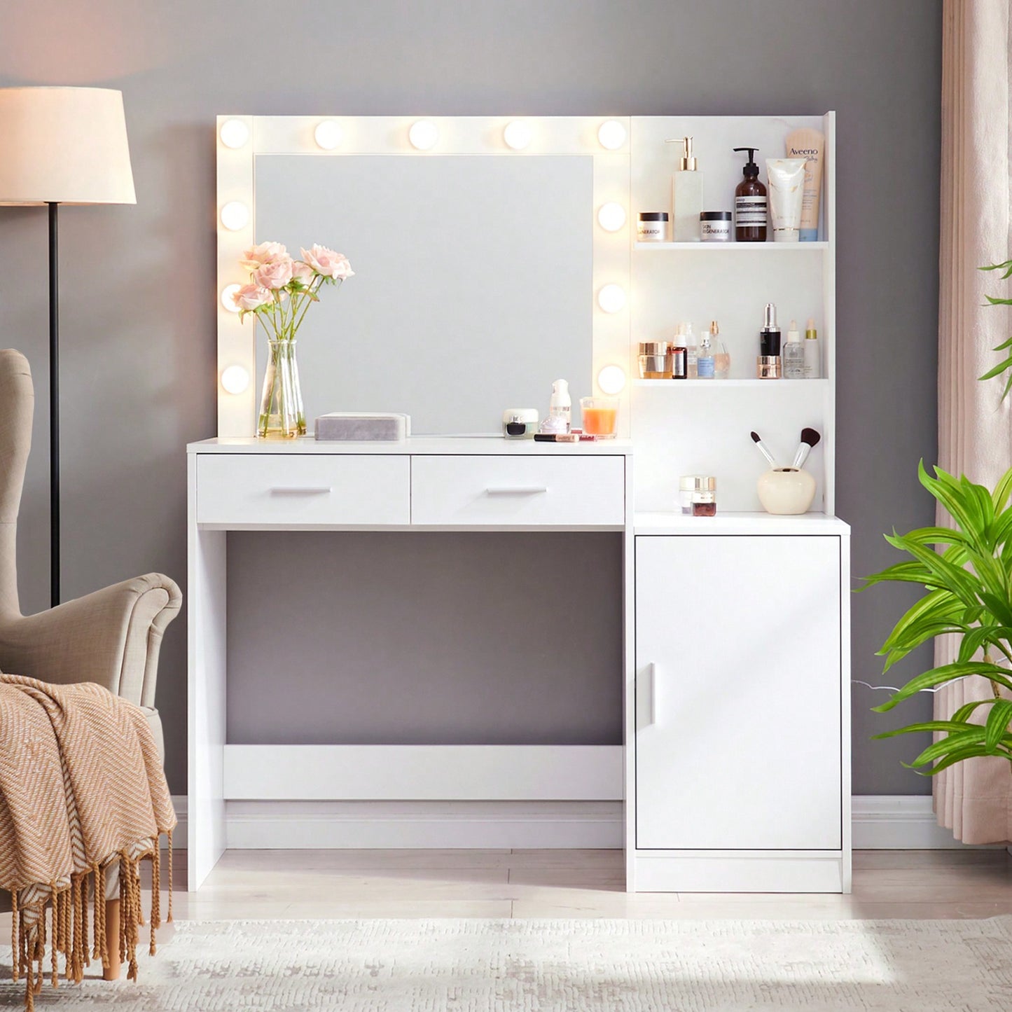 Elegant Vanity Desk with Mirror and LED Lights 46.4IN Dressing Table with 2 Drawers and Vertical Organizer Adjustable Brightness