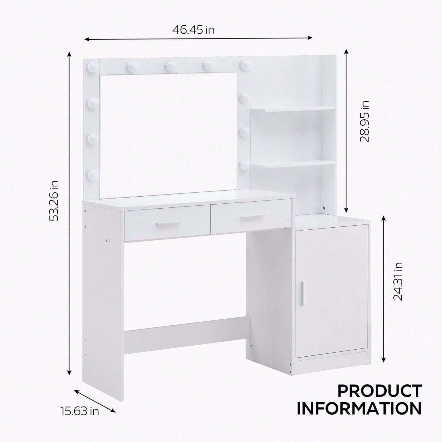 Elegant Vanity Desk with Mirror and LED Lights 46.4IN Dressing Table with 2 Drawers and Vertical Organizer Adjustable Brightness