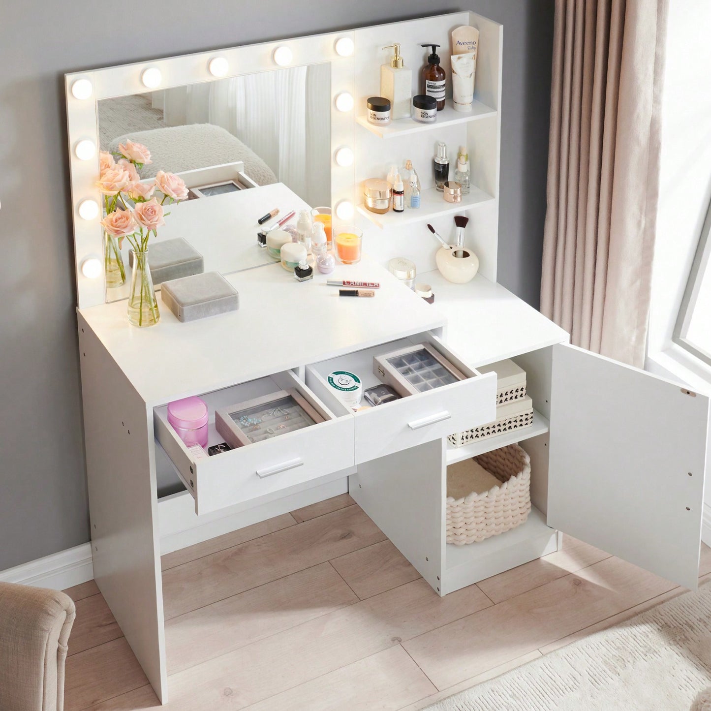 Elegant Vanity Desk with Mirror and LED Lights 46.4IN Dressing Table with 2 Drawers and Vertical Organizer Adjustable Brightness