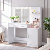 Elegant Vanity Desk with Mirror and LED Lights 46.4IN Dressing Table with 2 Drawers and Vertical Organizer Adjustable Brightness