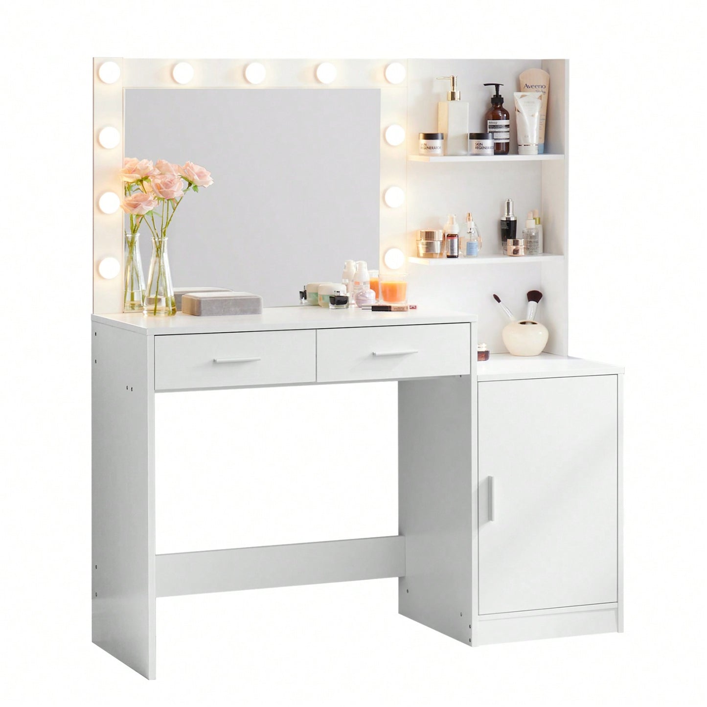 Elegant Vanity Desk with Mirror and LED Lights 46.4IN Dressing Table with 2 Drawers and Vertical Organizer Adjustable Brightness