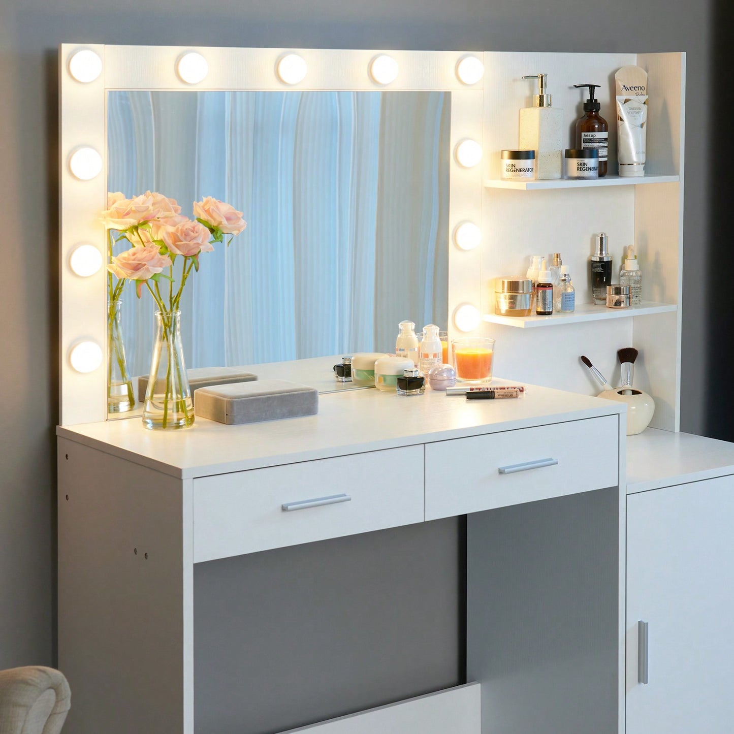 Elegant Vanity Desk with Mirror and LED Lights 46.4IN Dressing Table with 2 Drawers and Vertical Organizer Adjustable Brightness