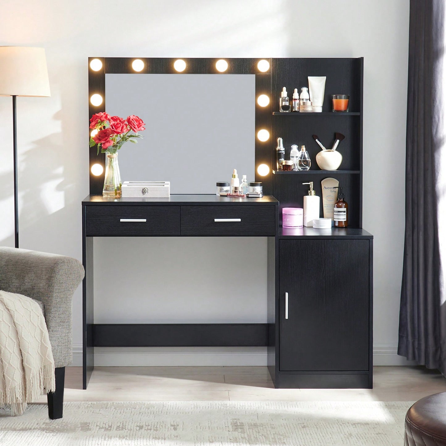 Elegant Vanity Desk with Mirror and LED Lights 46.4IN Dressing Table with 2 Drawers and Vertical Organizer Adjustable Brightness