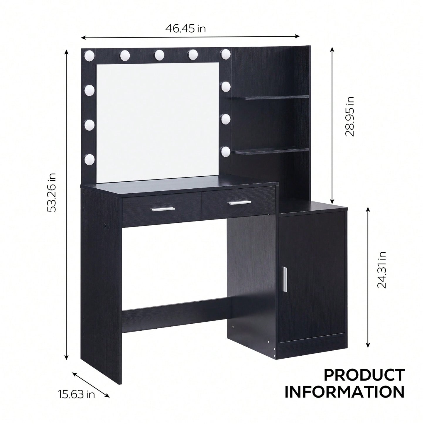 Elegant Vanity Desk with Mirror and LED Lights 46.4IN Dressing Table with 2 Drawers and Vertical Organizer Adjustable Brightness