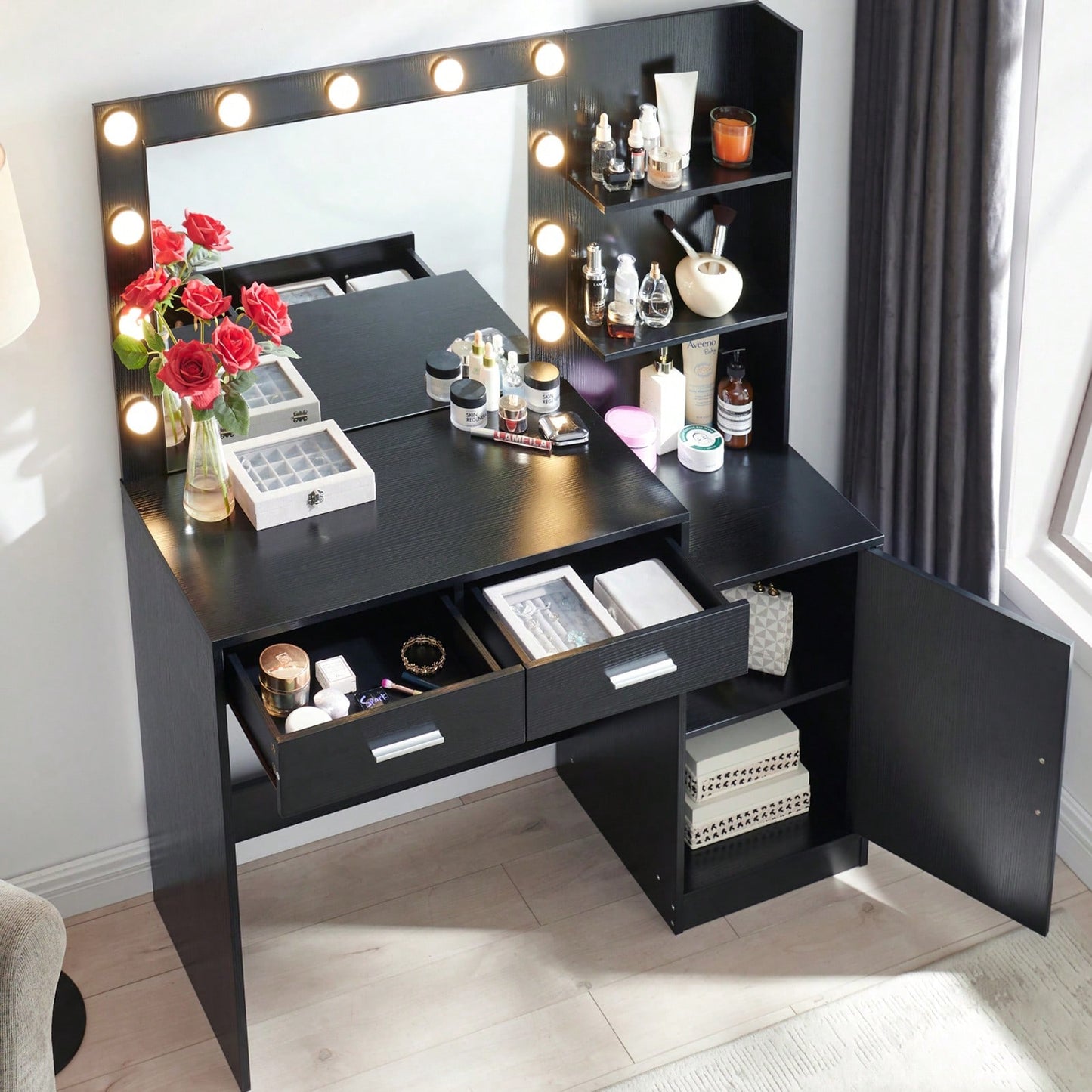 Elegant Vanity Desk with Mirror and LED Lights 46.4IN Dressing Table with 2 Drawers and Vertical Organizer Adjustable Brightness