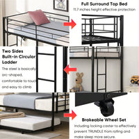 Space-Saving Metal Twin Bunk Bed Frame with Trundle for Kids and Adults Easy Assembly Sturdy Design with Guard Rails and Ladders Black