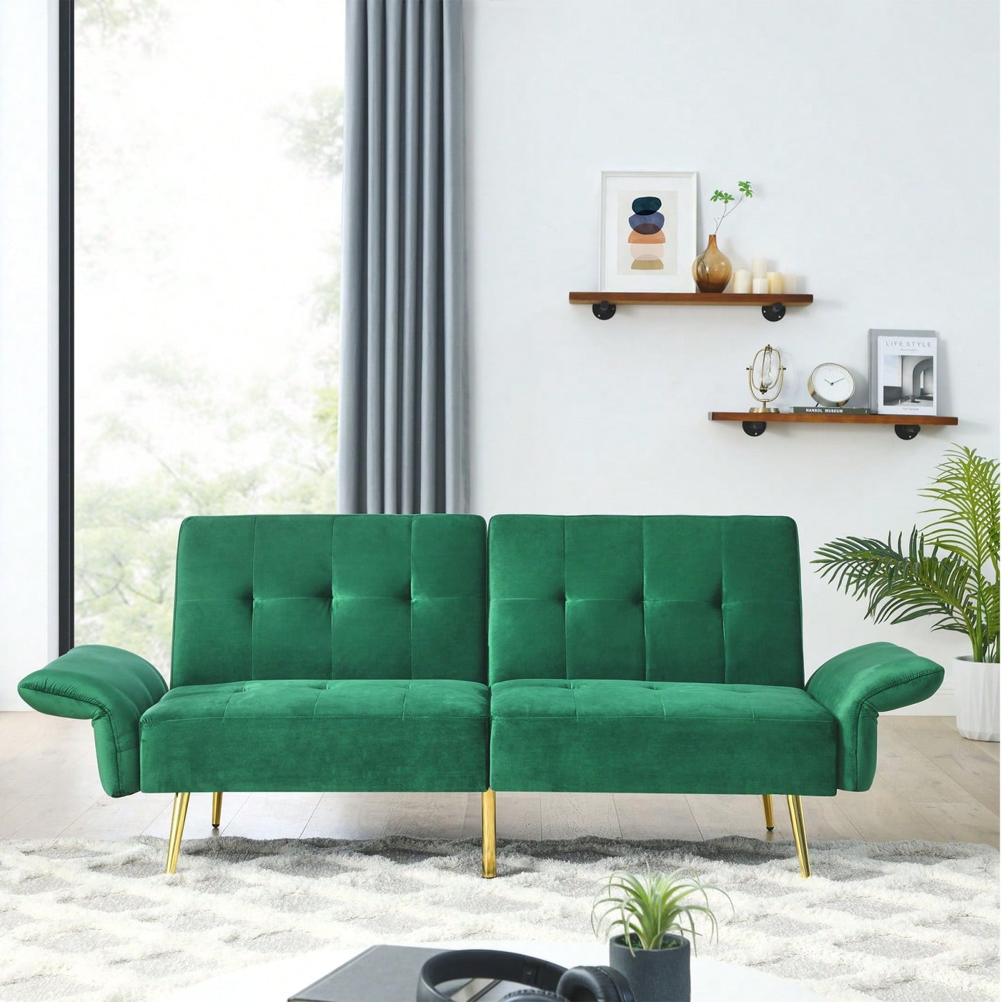 78 Inch Green Velvet Convertible Futon Sofa Bed with Storage Bags and Folded Armrests for Small Spaces