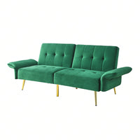 78 Inch Green Velvet Convertible Futon Sofa Bed with Storage Bags and Folded Armrests for Small Spaces