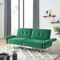 78 Inch Green Velvet Convertible Futon Sofa Bed with Storage Bags and Folded Armrests for Small Spaces