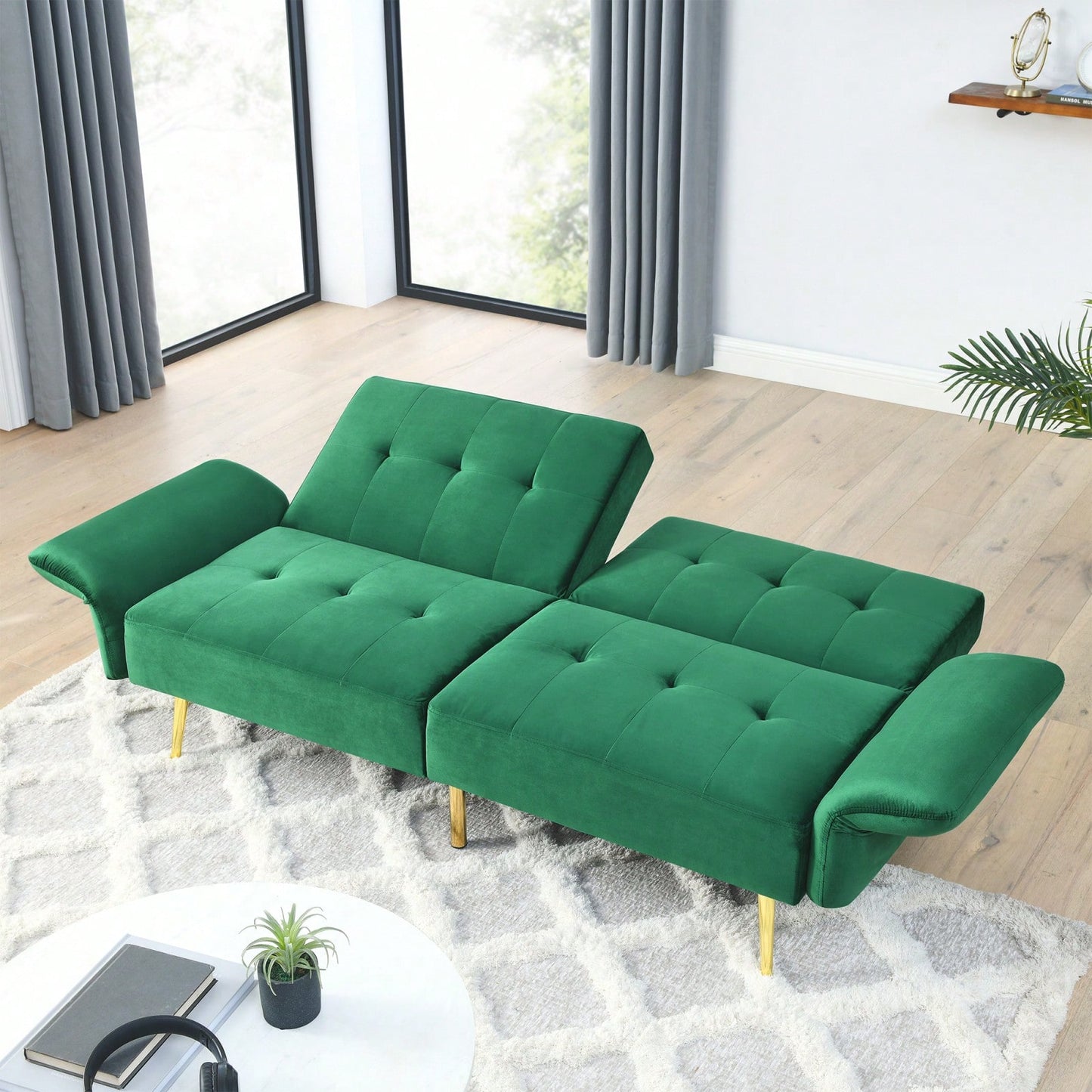 78 Inch Green Velvet Convertible Futon Sofa Bed with Storage Bags and Folded Armrests for Small Spaces