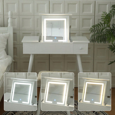 LED Lighted Makeup Vanity Table with Flip Top Mirror Power Outlet Storage Drawers Adjustable Brightness Glamorous Design for Bedroom