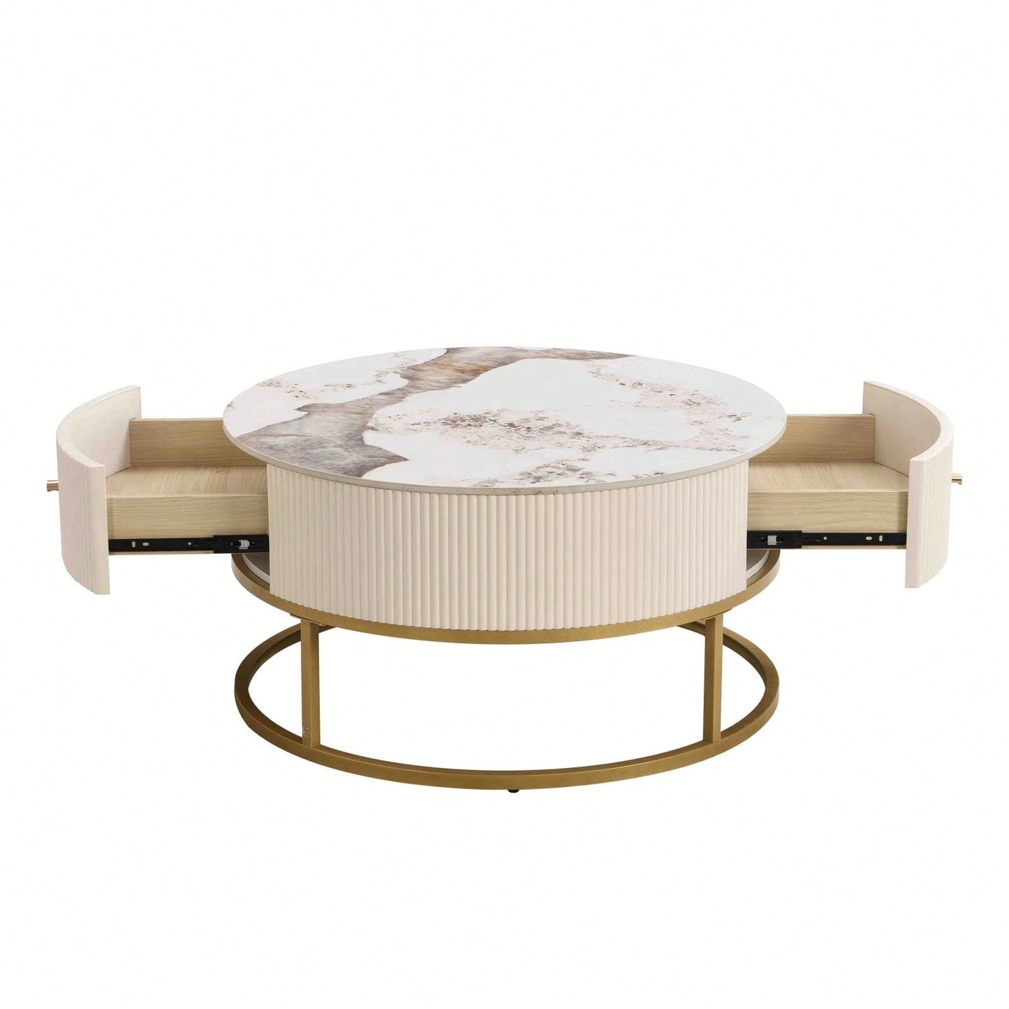 Elegant 31.5 Inch Round Coffee Table with Sintered Stone Top and Storage Drawers for Living Room