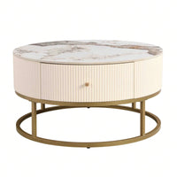 Elegant 31.5 Inch Round Coffee Table with Sintered Stone Top and Storage Drawers for Living Room