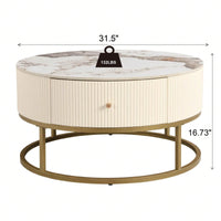 Elegant 31.5 Inch Round Coffee Table with Sintered Stone Top and Storage Drawers for Living Room