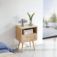 Stylish Rattan End Table with Drawer and Solid Wood Legs 15.75 Inch Nightstand for Living Room or Bedroom Natural Finish Sturdy Design