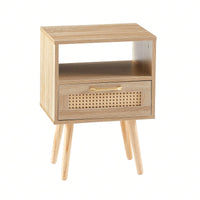 Stylish Rattan End Table with Drawer and Solid Wood Legs 15.75 Inch Nightstand for Living Room or Bedroom Natural Finish Sturdy Design